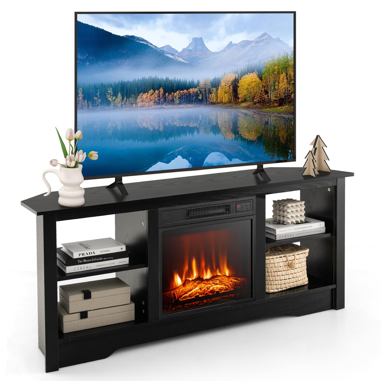 Tangkula 58” Fireplace TV Stand Home Entertainment Center with 18” 1400W Electric Fireplace
